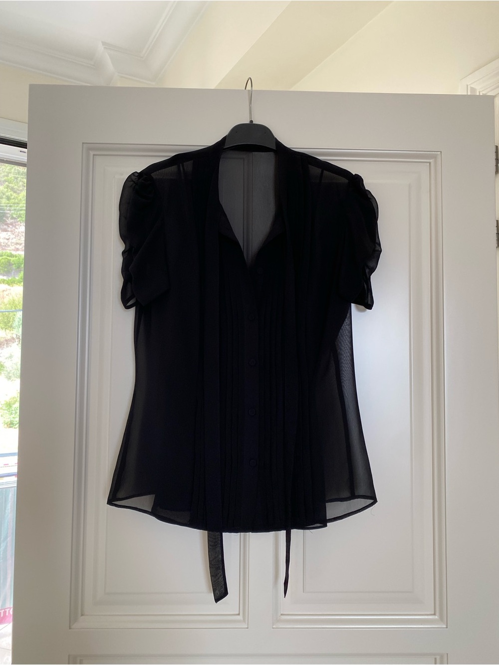 Lauren Ralph Lauren Black Sheer Short Puff Sleeve Blouse with Neck Tie